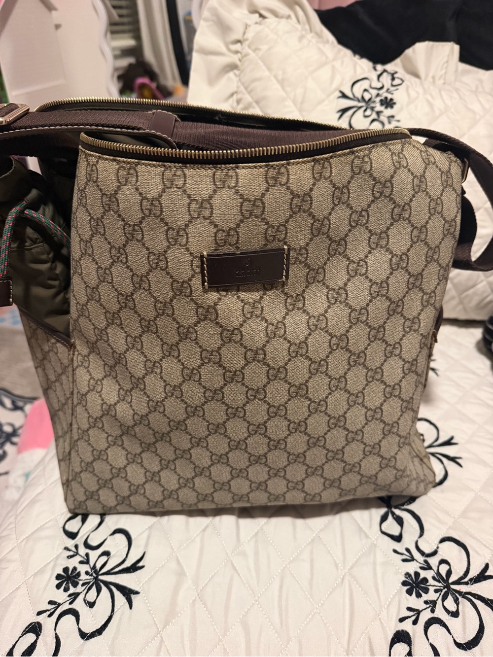 Gucci Brown Beige GG Monogram Diaper Shoulder Bag